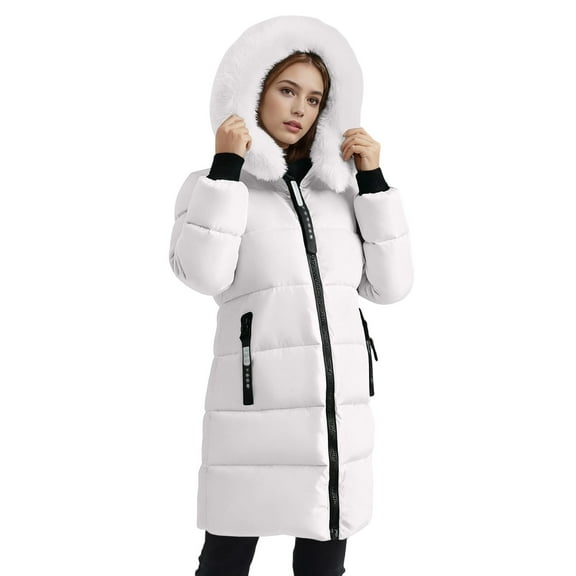 RYRJJ Women's Winter Puffer Coat Windproof Long Warm Down Coats Thicken Hooded Fleece Lined Parka Jackets with Zipper Pockets(White,S)