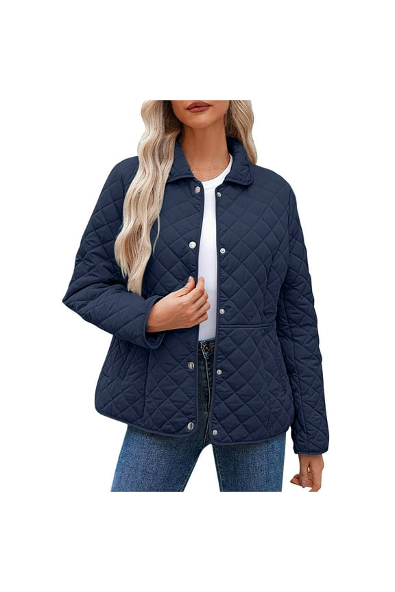 Women's Winter Quilted Jackets Plus Size Long Sleeve Button Down Puffer Jacket Lightweight Warm Coats Outerwear with Pockets(Navy,XL)