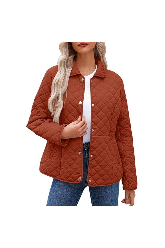 Women's Winter Quilted Jackets Plus Size Long Sleeve Button Down Puffer Jacket Lightweight Warm Coats Outerwear with Pockets(Orange,S)