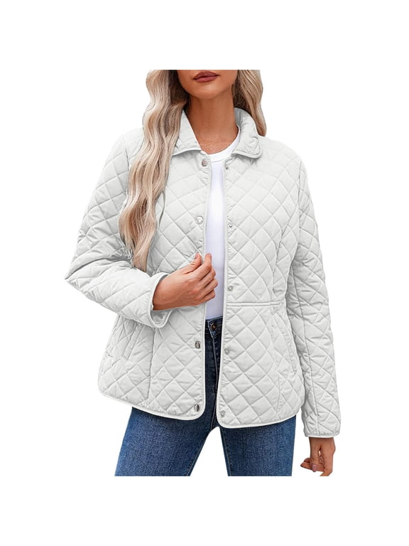 Women's Winter Quilted Jackets Plus Size Long Sleeve Button Down Puffer Jacket Lightweight Warm Coats Outerwear with Pockets(White,M)