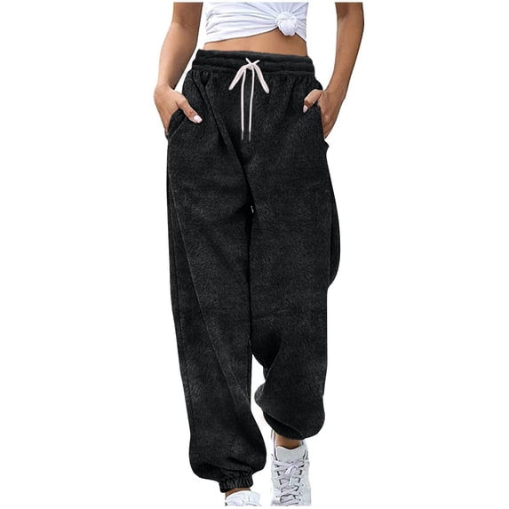 RYRJJ Women's Winter Warm Fleece Joggers Pants Soft Lounge Pajama Bottoms Draswtring High Waist Sherpa Athletic Sweatpants(Black;L)