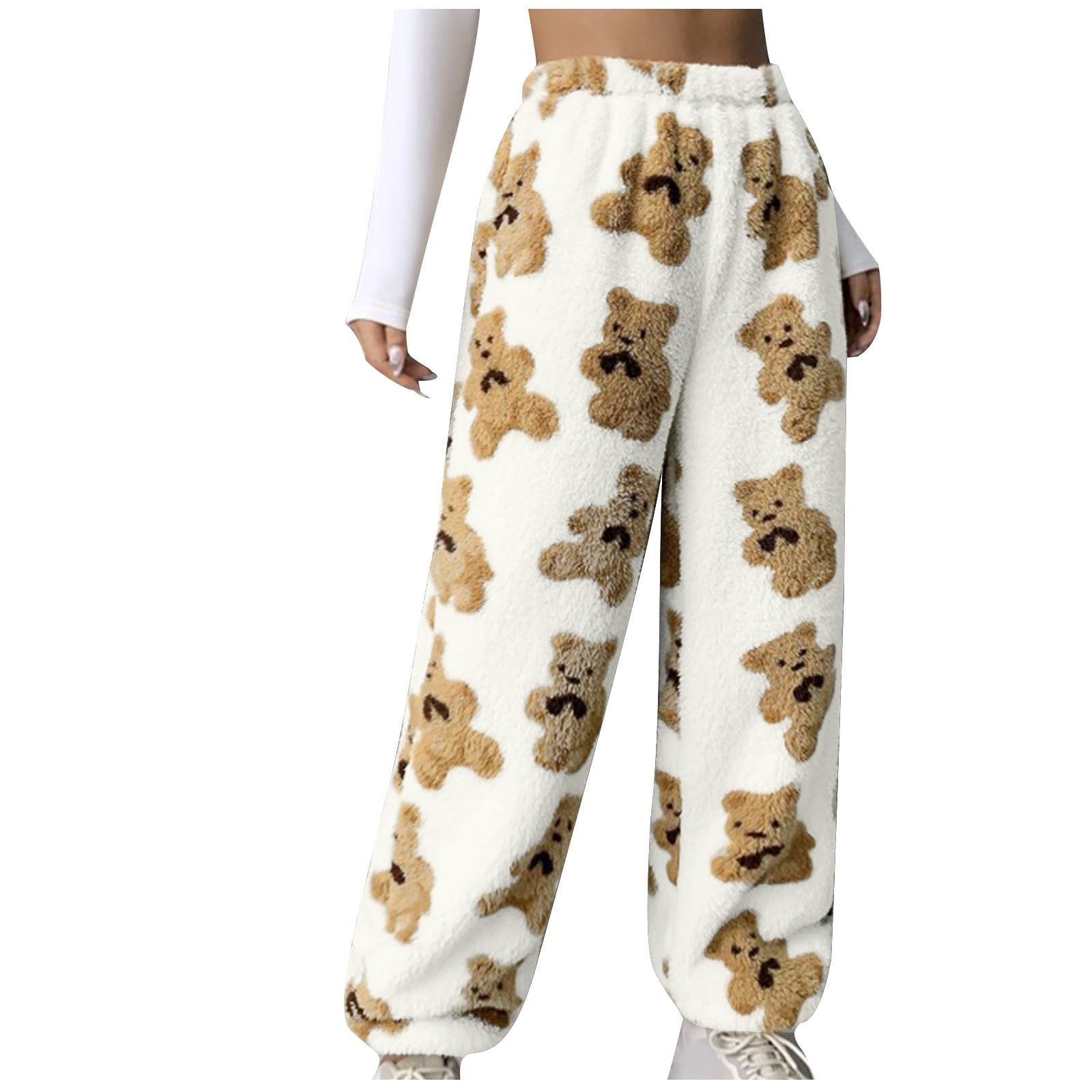 RYRJJ Women's Winter Warm Fleece Pajama Pants Plus Size Cute Bear Print  Baggy Sweatpants Fuzzy Jogger Lounge Pants Sleepwear with Pockets White S