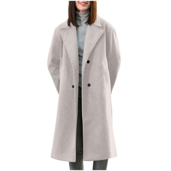RYRJJ Women's Wool Pea Coat Winter Warm Notched Lapel Double Breasted Trench Coat Dressy Casual Long Oversized Overcoats with Pocket(Silver,M)