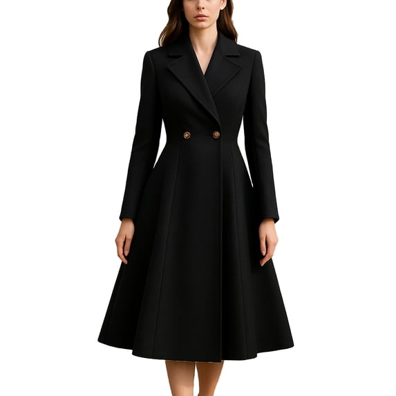RYRJJ Women's Wool Peacoat Elegant Notch Lapel Double Breasted A Line Long Trench Coat Winter Dress Coats with Pockets(Black,S)