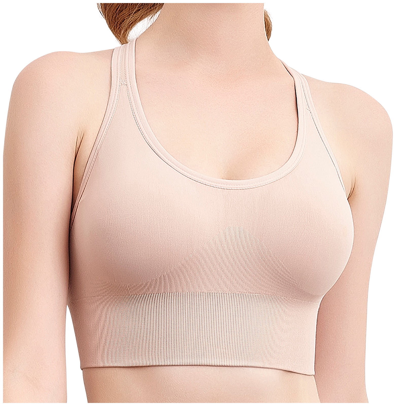 RYRJJ Women's Y Back Sports Bra Strappy Seamless Padded Workout Tops Solid  Soft Comfy Low Impact Support Workout Yoga Bras(Beige,L)