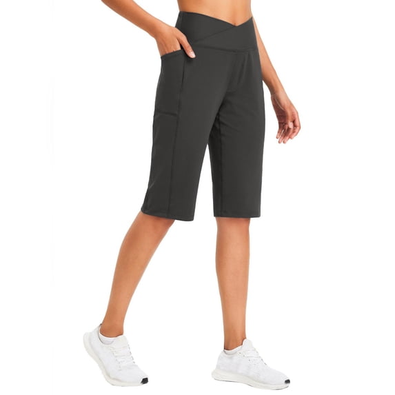 RYRJJ Women's Yoga Capris Pants Knee Length High Waisted Athletic Shorts with Pockets Stretch Soft Loose Casual Summer Bermuda Long Shorts(Dark Gray,L)