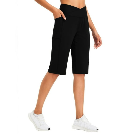 RYRJJ Women's Yoga Capris Pants Knee Length High Waisted Athletic Shorts with Pockets Stretch Soft Loose Casual Summer Bermuda Long Shorts(Black,XXL)