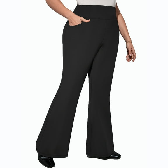 RYRJJ Women's Yoga Dress Pants with Pockets Plus Size Stretchy Work Slacks Business Casual High-Waisted Wide-Leg Bootcut Pull On Trousers(Black,XL)