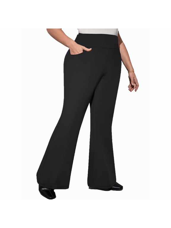 Women's Yoga Dress Pants with Pockets Plus Size Stretchy Work Slacks Business Casual High-Waisted Wide-Leg Bootcut Pull On Trousers(Black,XL)