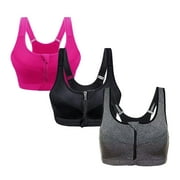 RYRJJ Women's Zip Front Closure Sports Bra Seamless Wirefree Post-Surgery Zipper High Impact Padded Racerback Workout Gym Yoga Bras Plus Size(3PCS Hot Pink+Black+Gray,3XL)