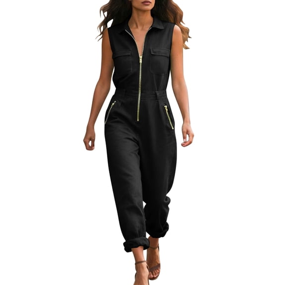 RYRJJ Women's Zipper Front Wide Leg Jumpsuit Summer Collared V-Neck Sleeveless Romper High Waisted Baggy Overall Pants with Zip Pockets(Black,XXL)