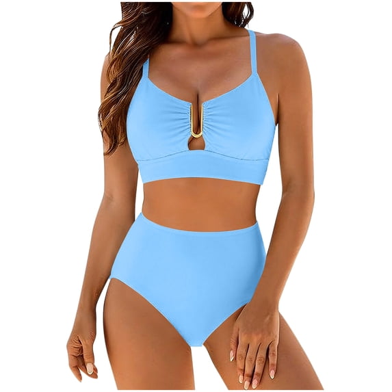 RYRJJ Womens 2 Piece Bikini Sets U-Wire Cutout Crisscross Tie Back Swimsuit High Waisted Summer Beach Swim Bathing Suits(Light Blue,S)