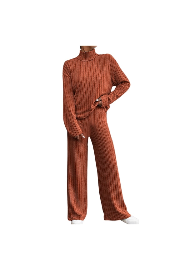 Womens 2 Piece Outfit Set Long Sleeve Knit Turtleneck Pullover Sweater Top and Wide Leg Pants Sweatsuit Matching Sweater Lounge Sets(Brown,XXL)