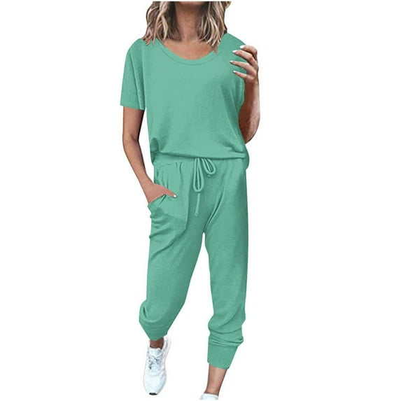 RYRJJ Womens 2 Piece Outfits Summer Casual Crewneck Short Sleeve Tops Drawstring Waist Long Pants Tracksuit Lounge Jogger Set with Pockets