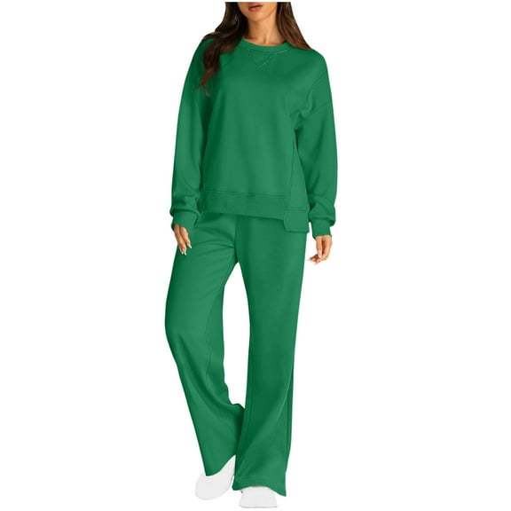 RYRJJ Womens 2 Piece Outfits Sweatsuit Crewneck Pullover Sweatshirt Lounge Sets Wide Leg Sweatpants Fall Fashion Tracksuit with Pockets(Green,L)
