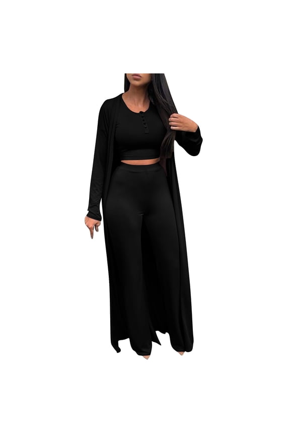 Womens 3 Piece Outfits Fall Lounge Sets Pajamas Long Sleeve Cardigan Crop Tank Top Wide Leg Pants Set Tracksuits(Black,S)