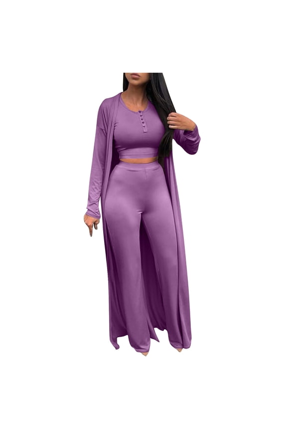 Womens 3 Piece Outfits Fall Lounge Sets Pajamas Long Sleeve Cardigan Crop Tank Top Wide Leg Pants Set Tracksuits(Purple,S)