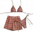 thumbnail image 1 of RYRJJ Womens 3 Piece Swimsuit Boho Bikini Sets Striped Textured Hollow Out Halter Triangle Bathing Suit with Cover Up Shorts(Coffee,S), 1 of 9