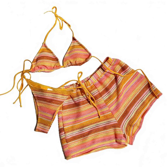 RYRJJ Womens 3 Piece Swimsuit Boho Bikini Sets Striped Textured Hollow Out Halter Triangle Bathing Suit with Cover Up Shorts(Yellow,XL)