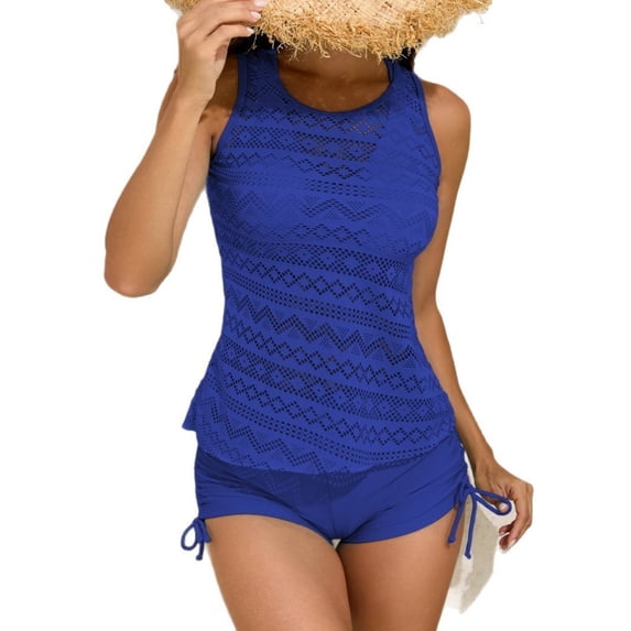 RYRJJ Womens 3 Piece Tankini Swimsuits Tummy Control Swimwear Tank Top with Bra and Drawstring Boyshorts Modest Bathing Suit(Blue,L)