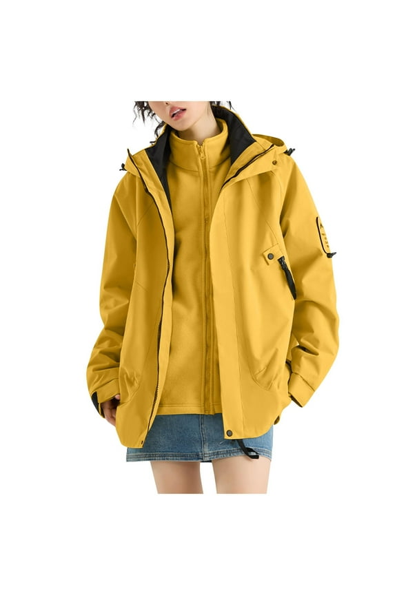 Womens 3 in 1 Ski Jacket Mountain Waterproof Winter Snow Coat Warm Fleece Inner Windbreaker Hooded Snowboarding Jackets(Yellow,L)