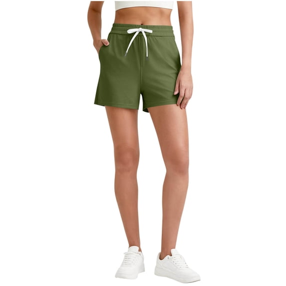 RYRJJ Womens Athletic Ribbed Sweat Shorts Summer Casual High Waisted Drawstring Gym Running Workout Shorts with Pockets(Army Green,M)