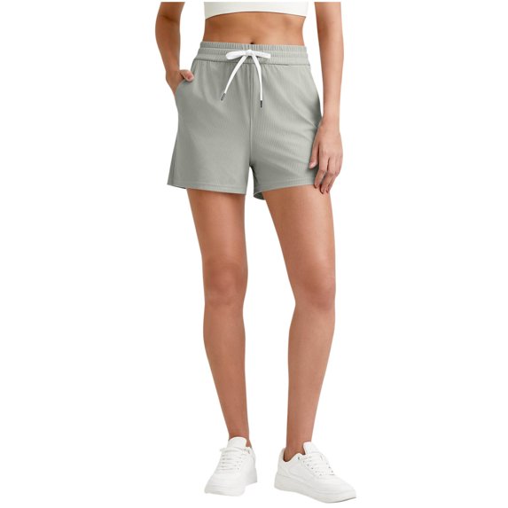 RYRJJ Womens Athletic Ribbed Sweat Shorts Summer Casual High Waisted Drawstring Gym Running Workout Shorts with Pockets(Gray,L)