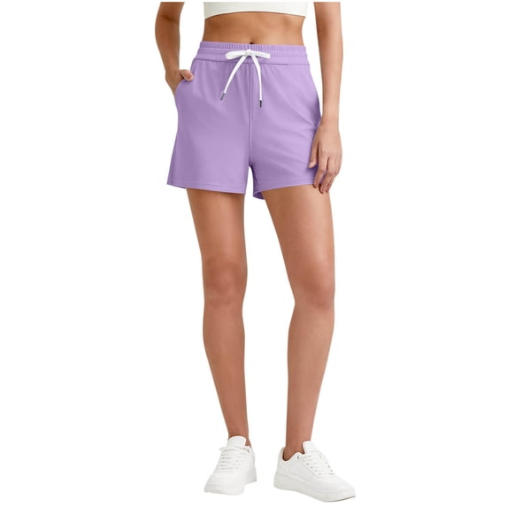 RYRJJ Womens Athletic Ribbed Sweat Shorts Summer Casual High Waisted Drawstring Gym Running Workout Shorts with Pockets(Purple,S)