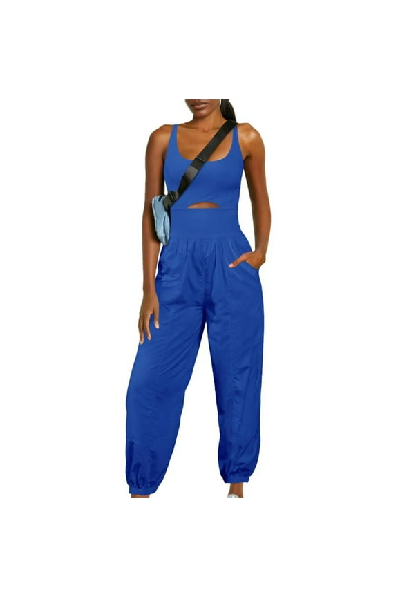Womens Athletic Romper Workout Onesie Hiking Jumpsuit Running Outfits One Piece Activewear with Pockets(Dark Blue,S)