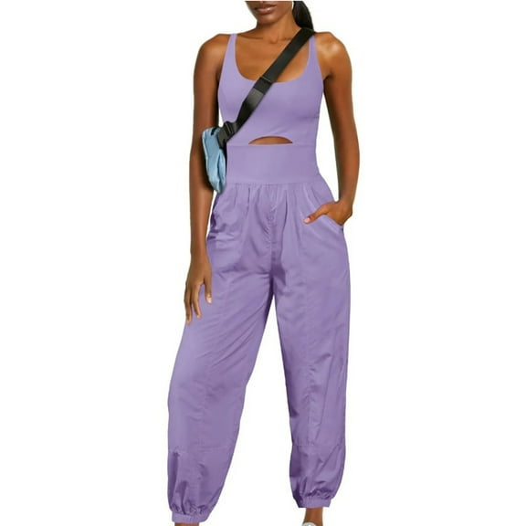 RYRJJ Womens Athletic Romper Workout Onesie Hiking Jumpsuit Running Outfits One Piece Activewear with Pockets(Purple,S)