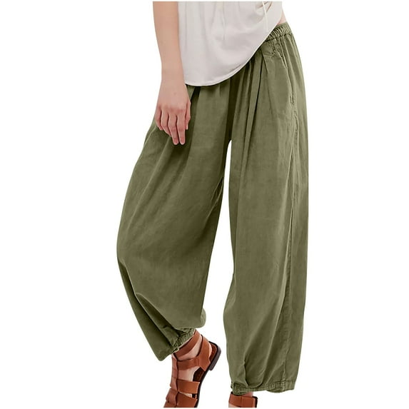 RYRJJ Womens Baggy Wide Leg Pants Cotton Linen Elastic Waisted Loose Palazzo Harem Pants Beach Lounge Trousers with Pockets(Army Green,XXL)
