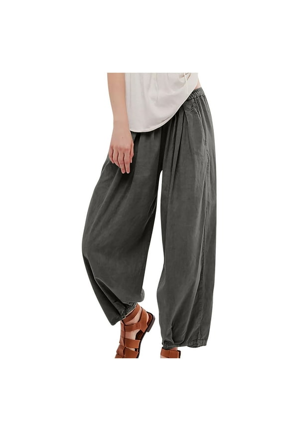 Womens Baggy Wide Leg Pants Cotton Linen Elastic Waisted Loose Palazzo Harem Pants Beach Lounge Trousers with Pockets(Dark Gray,M)