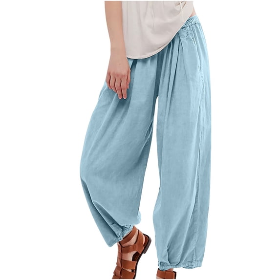 RYRJJ Womens Baggy Wide Leg Pants Cotton Linen Elastic Waisted Loose Palazzo Harem Pants Beach Lounge Trousers with Pockets(Sky Blue,M)