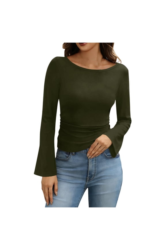 Womens Bell Long Sleeve Tops Spring Fall Boat Neck Ruched Cropped Blouses Y2K Slim Fitted T-Shirts(Army Green,S)