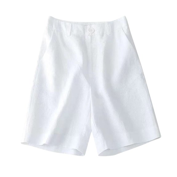 RYRJJ Womens Bermuda Shorts Linen Casual High Waist Wide Leg Shorts Knee Length Summer Shorts with Pockets(White,3XL)