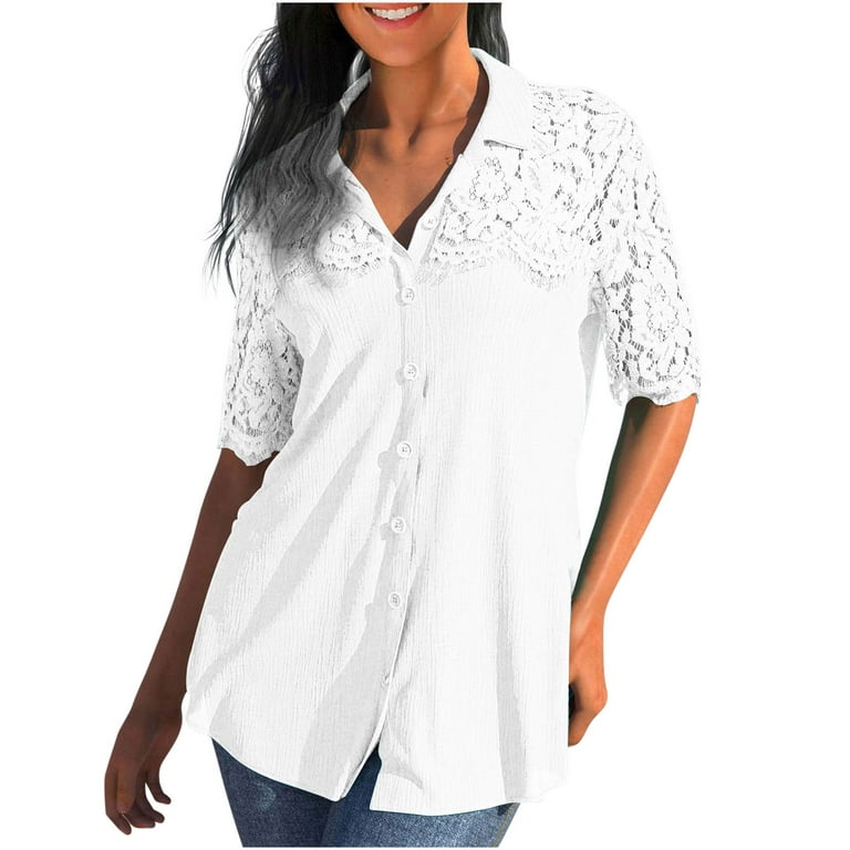 RYRJJ Womens Blouse V Neck Lace Crochet Short Sleeve Dressy Casual Summer  Tops Business Work Button Down Shirts(White,L) 