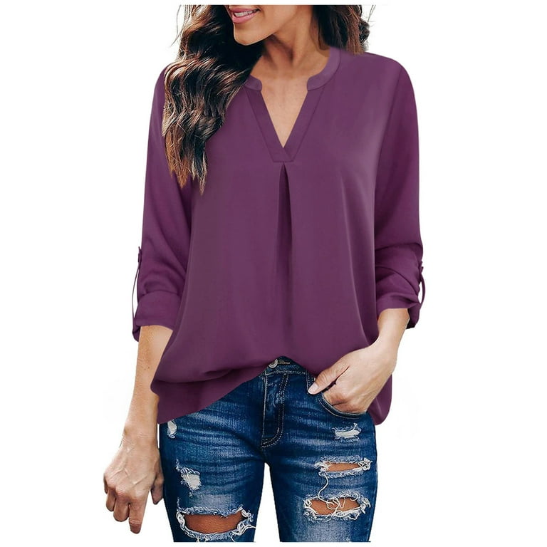 RYRJJ Womens Blouses Rolled Up 3/4 Sleeve V Neck Work Shirts Dressy Tops  Chiffon Office Wear(Purple,S) 