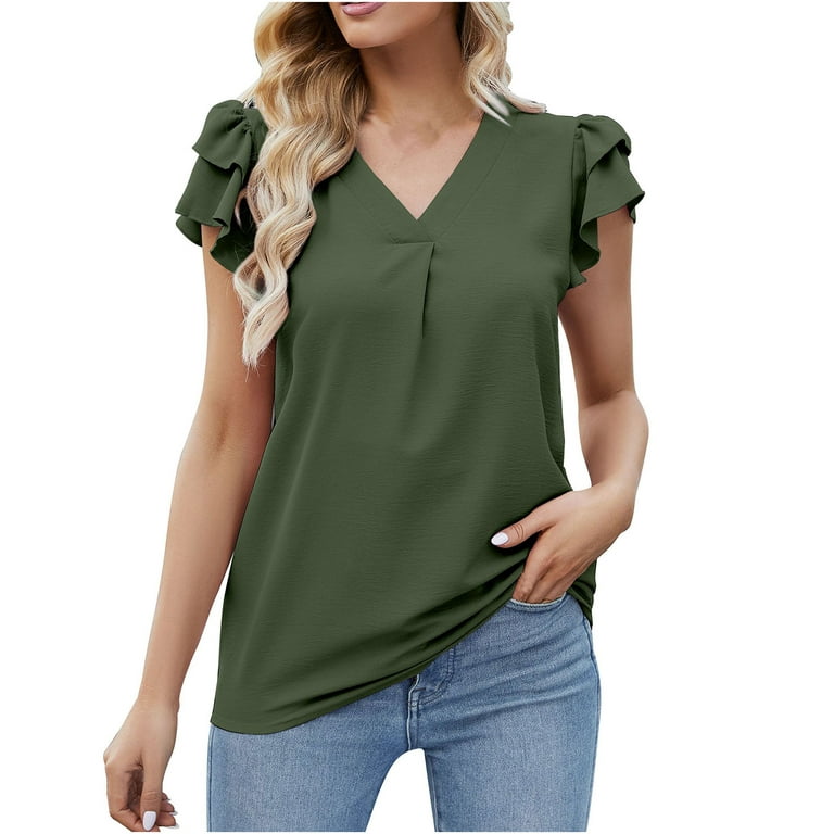 RYRJJ Womens Blouses Summer V Neck Ruffle Short Sleeve Tunic Tops Dressy  Casual Flowy Shirts(Army Green,S)