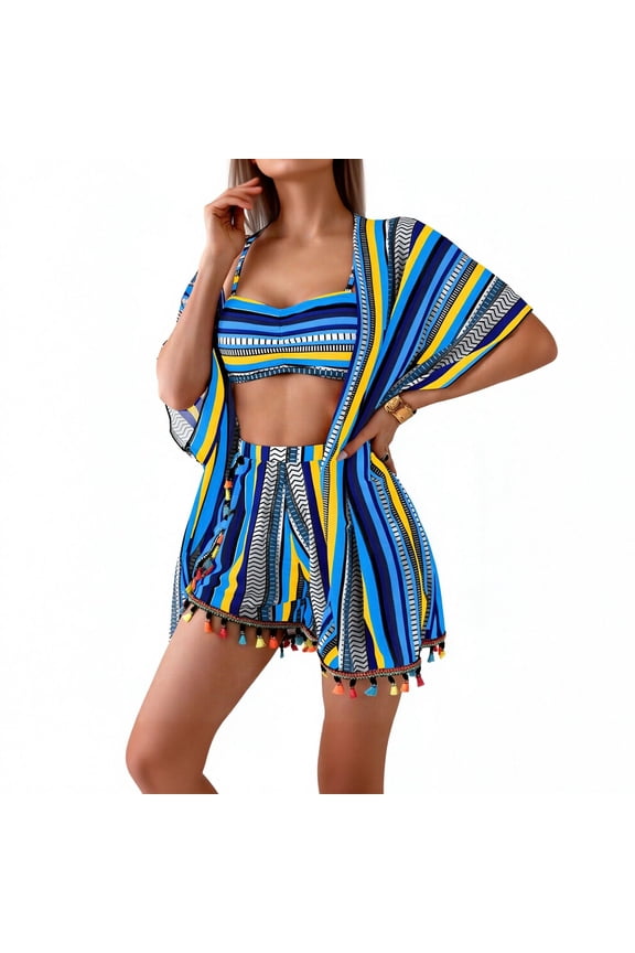 Womens Boho Bikini Set 4 Piece Swimsuits with Short Sleeve Cover Ups Kimono and Shorts Summer Beach Vacation Swimwear Bathing Suits(Light Blue,S)