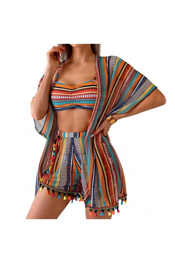 Womens Boho Bikini Set 4 Piece Swimsuits with Short Sleeve Cover Ups Kimono and Shorts Summer Beach Vacation Swimwear Bathing Suits(Multicolor,XL)