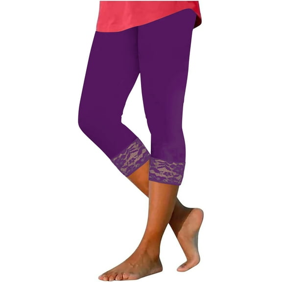 RYRJJ Womens Bottom Capri Leggings Stretch Comfy Lace Cutout Capris Pants Slim Fitted Solid Workout Yoga Legging for Women(Purple,S)