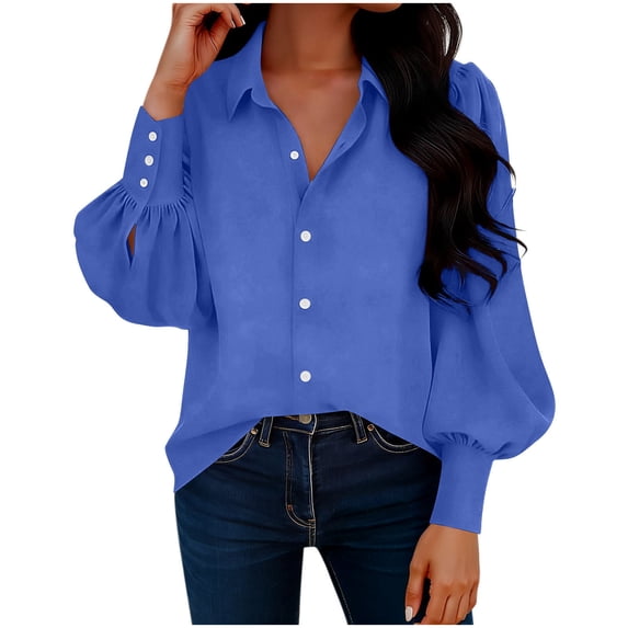 RYRJJ Womens Boyfriend Shirt Casual Collared Long Sleeve Oversized Button Down Blouse Business Work Dressy Tops(Blue,M)