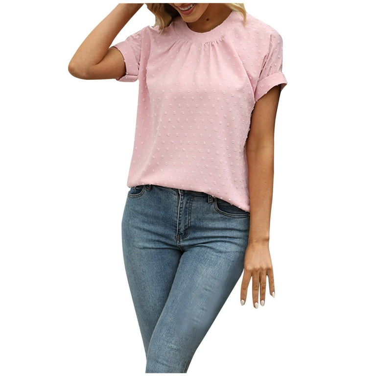 RYRJJ Womens Business Casual Tops Summer Crewneck Rolled Short Sleeve  Dressy Shirts Fashion Chiffon Swiss Dot Blouses(Pink,S)