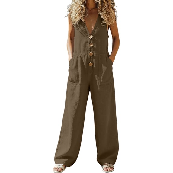 RYRJJ Womens Button Down Jumpsuits Cotton Linen Sleeveless V-Neck Casual Wide Leg Rompers Loose Baggy Overall Pants with Pockets(Brown,L)