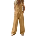 thumbnail image 1 of RYRJJ Womens Button Down Jumpsuits Cotton Linen Sleeveless V-Neck Casual Wide Leg Rompers Loose Baggy Overall Pants with Pockets(Yellow,3XL), 1 of 6