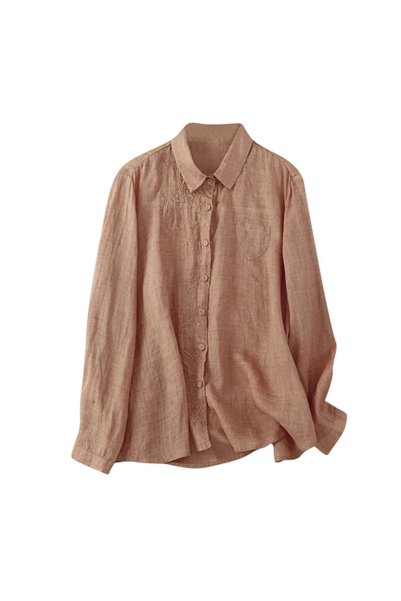 Womens Button Down Shirts Long Sleeve Cotton Linen Oversized Tops Summer Boho Casual Loose Fit Collared Blouses(Orange,L)