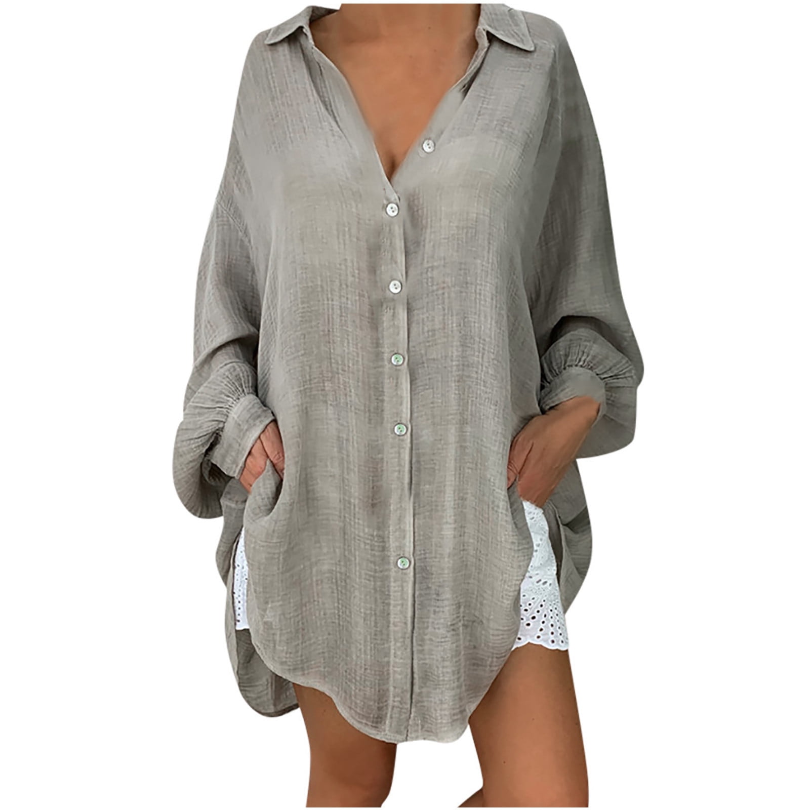 RYRJJ Womens Button Down Shirts Oversized Linen Cotton Long Sleeve Blouse  Tunic Tops Cover Up Shirt Loose Beach Shirt Dress(Blue,M) 