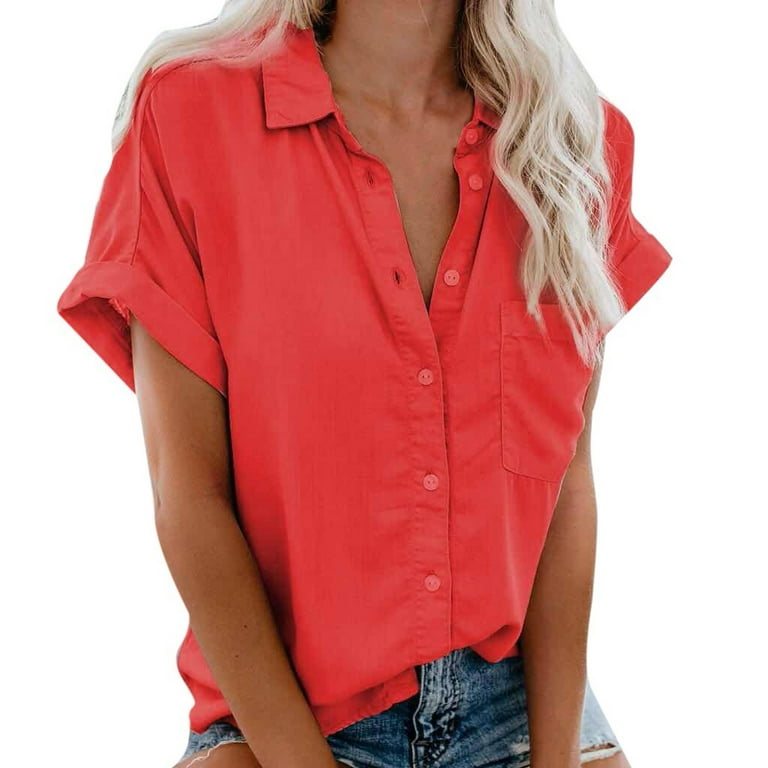 RYRJJ Womens Button Down Shirts Roll-Up Short Sleeve Office Blouses V Neck  Collared Casual Business Work Tops with Pockets(Red,XXL) 