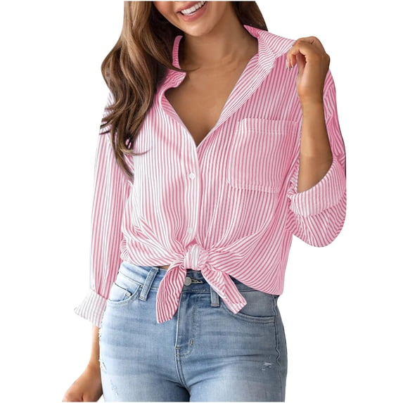 RYRJJ Womens Button Down Shirts Striped Classic Long Sleeve Collared Office Work Blouses Tops with Pocket(Pink,XXL)