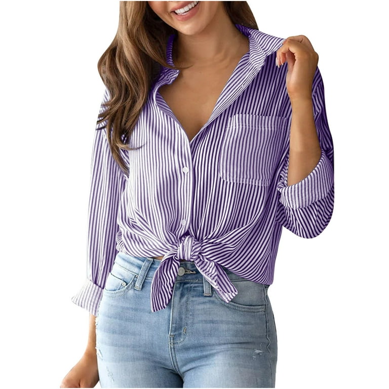 RYRJJ Womens Button Down Shirts Striped Classic Long Sleeve Collared Office  Work Blouses Tops with Pocket(Purple,L) 